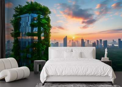 Sustainable skyscraper draped in vibrant greenery with a breathtaking view of a modern city at sunrise Wall mural