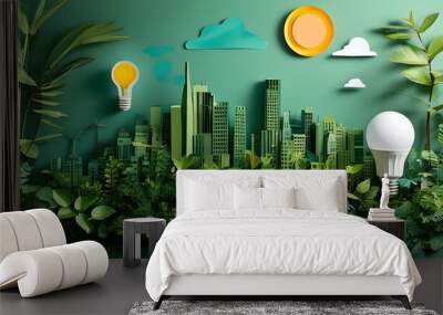 Sustainable Urban Living: A Papercraft City Skyline Blooms Within a Light Bulb Symbolizing Eco-Friendly Development and Renewable Energy Wall mural