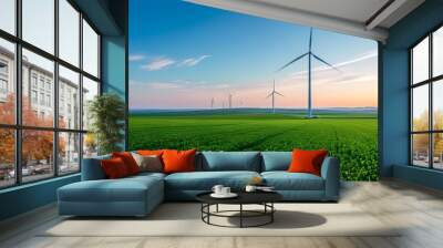 Sustainable wind turbines in a vibrant green field promoting renewable energy for a cleaner, eco-friendly future Wall mural