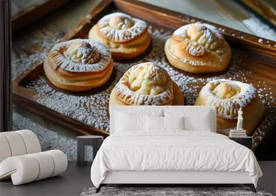 Sweet Indulgence: Freshly Baked Beignets Dusted with Powdered Sugar on a Rustic Wooden Tray Celebrating French Cuisine and New Orleans Culture Wall mural