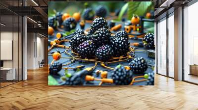 Tech-inspired juicy blackberry surrounded by gadgets and connectivity symbols Wall mural