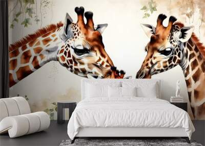 Tender connection between a mother giraffe and her calf captured in a watercolor masterpiece Wall mural