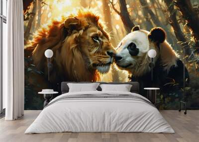 Tender Encounter Between Lion and Panda in a Sunlit Forest Wall mural