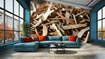 Textured close-up of dried wood chips showcasing earthy tones, ideal for nature-inspired gardening and landscaping projects Wall mural