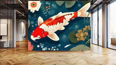 Traditional Japanese Koi Carp Illustrations in Tranquil Pond with Vibrant Flowers and Lush Seaweed Wall mural