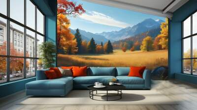 Tranquil autumn scenery with vibrant foliage, golden grasslands, and majestic mountains beneath a crisp blue sky Wall mural