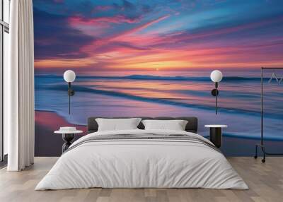 Tranquil beach at dusk with gentle waves caressing smooth sands beneath a vibrant, colorful sky Wall mural