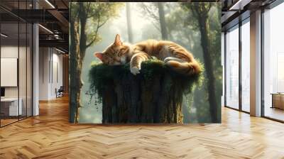 Tranquil Cat Nestled Among the Leaves of a Majestic Tree, Embracing Nature in Realistic Detail Wall mural