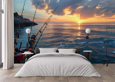 Tranquil dawn fishing scene with rods ready for the first catch by the serene sea Wall mural