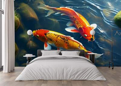 Tranquil farm stream with koi fish swimming amidst vibrant aquatic life and lush surroundings Wall mural