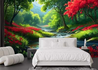 Tranquil forest stream adorned with vibrant red flowers and lush greenery, creating a serene and picturesque natural landscape Wall mural