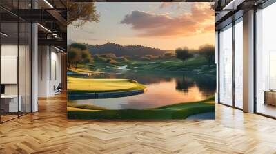 Tranquil golf course landscape basking in warm daylight, perfect for outdoor enthusiasts seeking serenity and natural beauty Wall mural