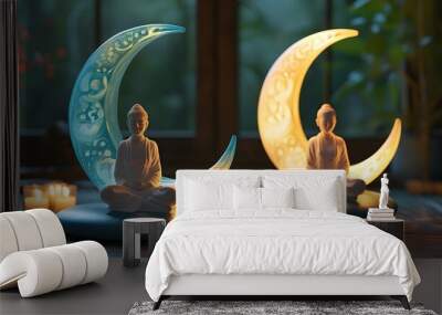 Tranquil Guided Meditation with Serene Crescent Moons Symbolizing Mindfulness and Relaxation Wall mural