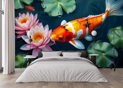 Tranquil koi fish glide among delicate pink water lilies, embodying harmony and the beauty of nature and life Wall mural