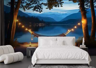 Tranquil lakeside evening featuring a hammock, twinkling lights, and majestic mountains for a peaceful retreat Wall mural