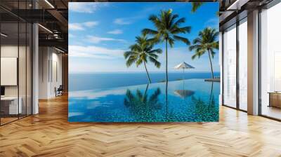 Tranquil luxury at a tropical resort infinity pool with stunning ocean views, sun loungers, and umbrellas for ultimate relaxation and vacation bliss. Wall mural