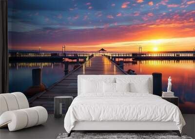 Tranquil pier at vibrant sunset reflecting on calm ocean waters in a scenic landscape Wall mural