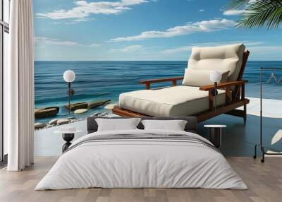 Tranquil terrace retreat with an armchair and sun beds overlooking a serene sea on a bright sunny day Wall mural