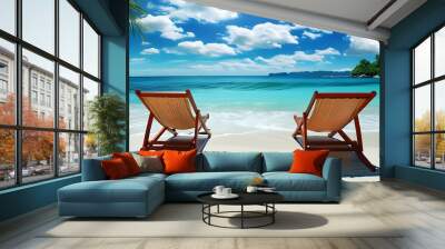 Tranquil tropical beach seascape featuring a sun lounger under a clear blue sky Wall mural