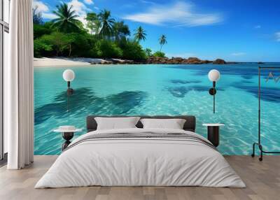 Tranquil tropical beach with crystal-clear blue waters Wall mural