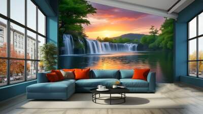 Tranquil waterfall flowing into a peaceful lake, embraced by lush greenery under a serene sunset sky Wall mural