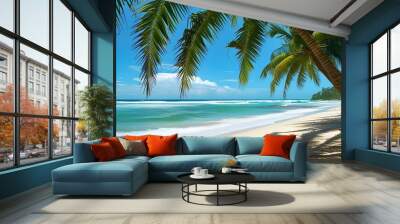 Tropical beach escape with palm trees, turquoise waves, and bright sunny skies Wall mural