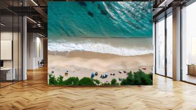 Tropical beach paradise with sandy shores, turquoise waters, and vibrant beach accessories, embodying summer relaxation and joyful fun in the sun Wall mural