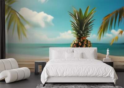 Tropical beach scene featuring a vibrant pineapple against a stunning summer holiday backdrop Wall mural