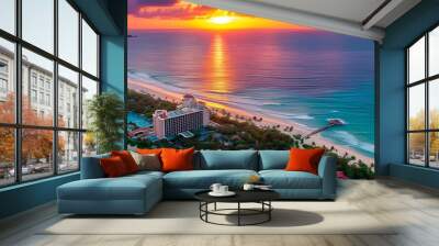 Tropical beachfront luxury resort basking in vibrant sunset hues over the serene ocean Wall mural