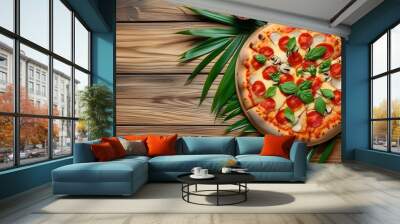 Tropical Hawaiian Pizza on Rustic Wooden Surface Perfect for Summer Menu Designs and Advertisements Wall mural