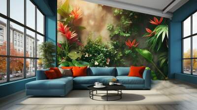 Tropical Jungle Flora: Lush Flowers, Leaves, and Plants Creating a Vibrant Eco-Friendly Garden Wall Wall mural