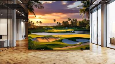 Tropical Luxury Golf Course Bathed in Golden Hour Light Wall mural