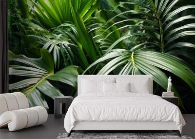 Tropical Palm Garden with Lush Green Foliage and Dark Toned Closeup of Natures Beauty Wall mural