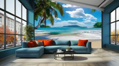 Tropical paradise beach with palm trees, sea waves, and bright sunshine under a blue sky, perfect for summer vacations and luxurious travel escapes. Wall mural