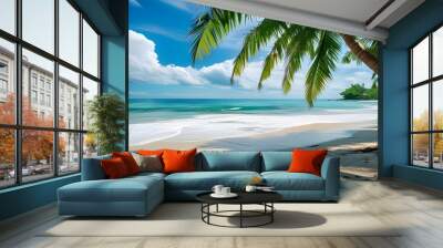 Tropical paradise beach with palm trees, sea waves, and bright sunshine under a blue sky, perfect for summer vacations and luxurious travel escapes. Wall mural