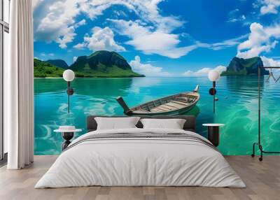 Tropical paradise featuring a boat in turquoise waters under a blue sky with fluffy white clouds and a lush island backdrop, perfect for summer getaway vibes. Wall mural