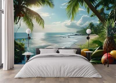 Tropical paradise featuring vibrant palm trees, succulent pineapples, juicy mangoes, and a shimmering ocean backdrop Wall mural