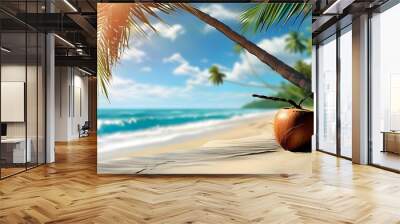 Tropical Paradise: Refreshing Coconut Pina Colada on Sandy Beach for Ultimate Vacation Vibes Wall mural