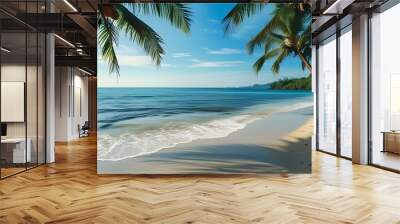 Tropical paradise with palm trees, coconuts, and a sunlit sea view under a clear blue sky Wall mural