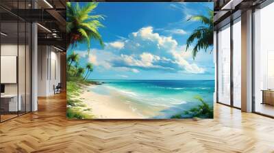 Tropical paradise with swaying palm trees, crystal-clear sea, and pristine sandy beach inviting blissful vacations Wall mural