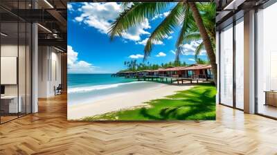 Tropical Seascape Bliss: Coconut and Palm Tree Beach Bungalow Resort on a Sunny Day for Relaxing Holiday Getaways Wall mural