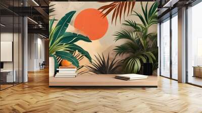 Tropical Summer Vibes: Abstract Art Collage with Plants for Creative Projects and Desktop Backgrounds Wall mural