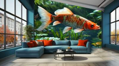 Underwater Enchantment: Fish Navigating a Forest Pond Surrounded by Lush Greenery in a Highly Detailed Scene Wall mural