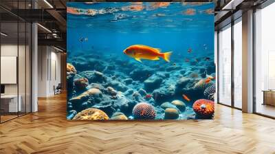 Underwater exploration of a vibrant coral reef with exotic fish and a male scuba diver in the clear blue tropical sea Wall mural