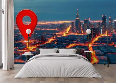 Urban destination marked by red map pin with network connections, symbolizing navigation and connectivity in city landscapes Wall mural