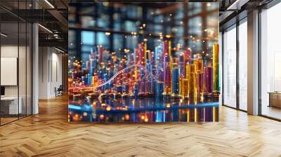 Urban Financial Growth Visualization with Abstract Data Trends and Skyline Backdrop showcasing Business Success Wall mural