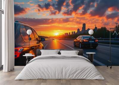 Urban sunset silhouette of a car on the roadside with city skyline in the background Wall mural