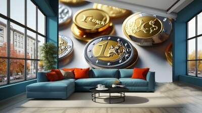 Variety of 3D euro coins showcasing banking and finance with smooth gold finishes and different orientations in an isolated vector illustration. Wall mural