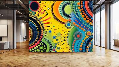 Vibrant Abstract Boho Design with Geometric Shapes, Dots, and Circles in Yellow, Green, Lemon, Blue, and Black Textures Wall mural