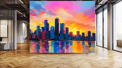 Vibrant abstract cityscape at sunset with colorful sky illuminating urban buildings Wall mural